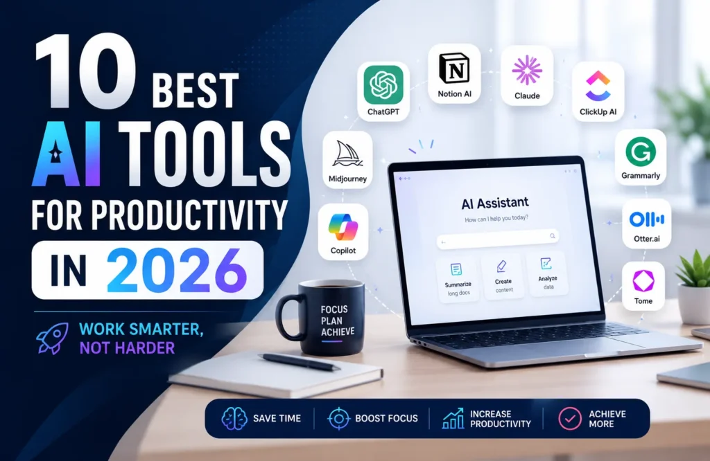 10 Best AI Tools for Productivity in 2026 (Work Smarter, Not Harder) 10 Best AI Tools for Productivity in 2026 - ChatGPT, Claude, Perplexity, Notion AI, Grammarly, Zapier, Fireflies, Motion, Midjourney and GitHub Copilot