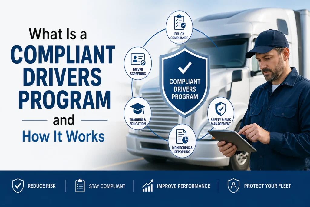 Compliant Drivers Program infographic showing driver screening, policy compliance, training, monitoring, and fleet safety management