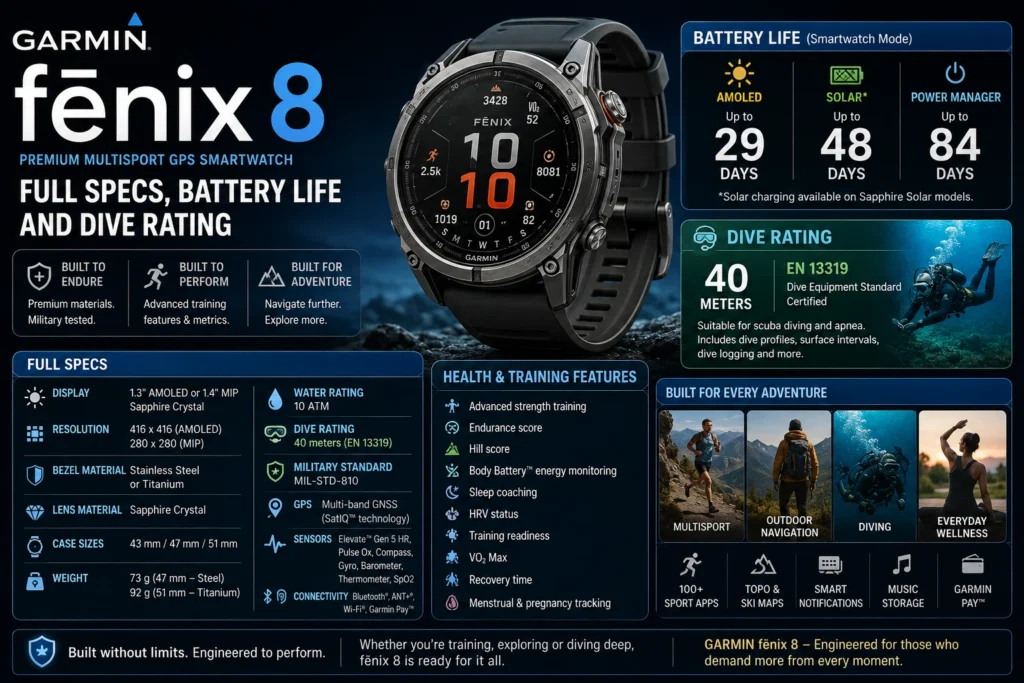 Garmin fēnix 8 Smartwatch: Full Specs, Battery Life and Dive Rating Garmin fēnix 8 Smartwatch Full Specs, Battery Life and Dive Rating