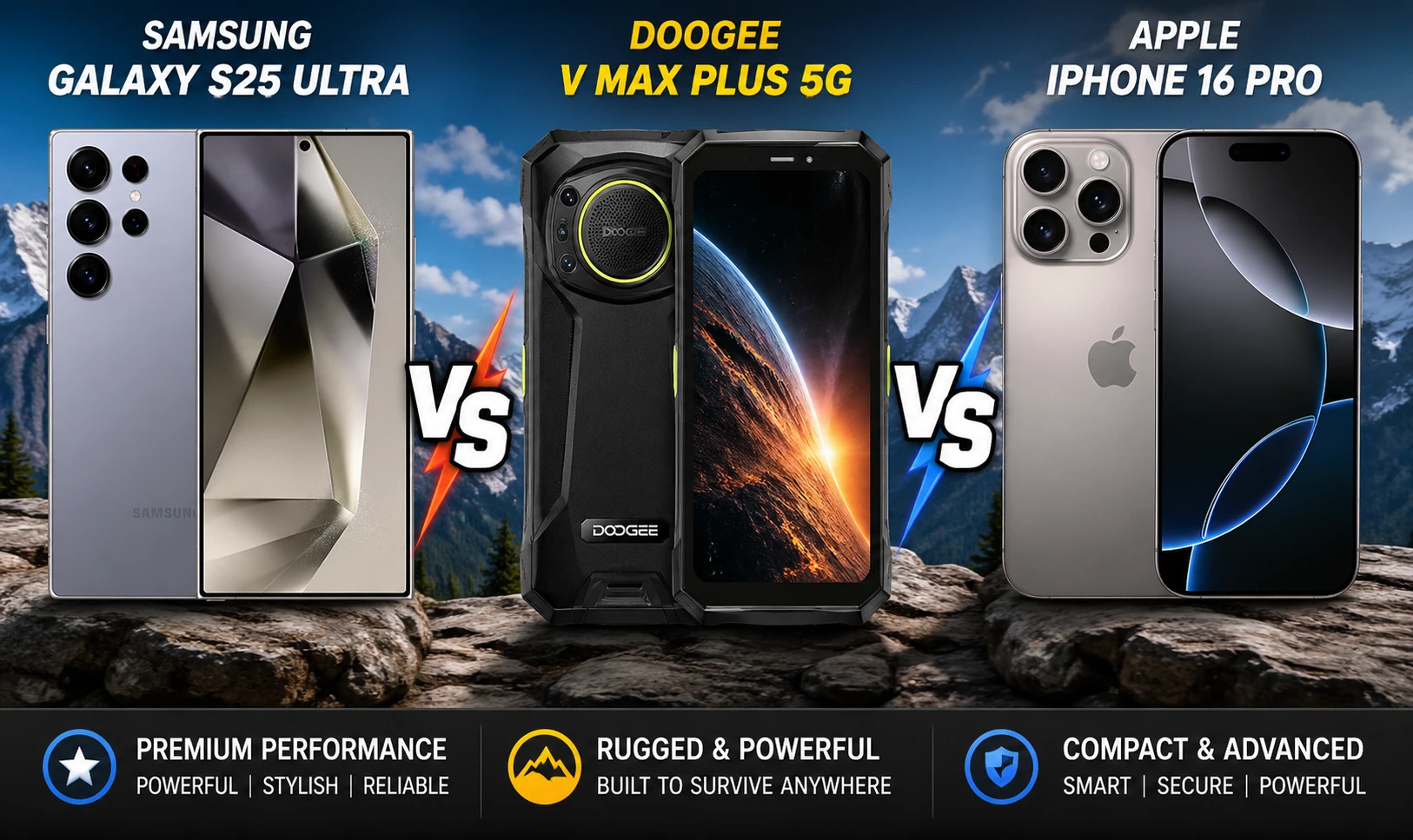 Samsung Galaxy S25 Ultra vs DOOGEE V Max Plus 5G vs Apple iPhone 16 Pro comparison banner for mountain trekking smartphones